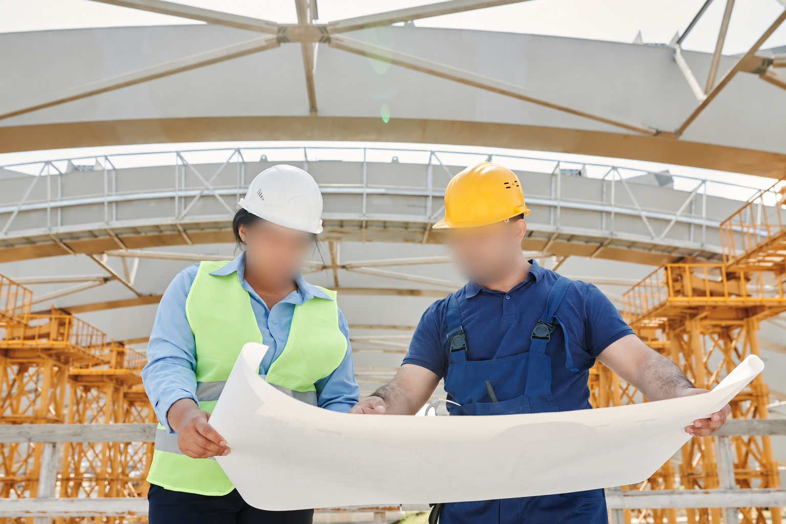 Ingénieurs Ontonomia étudiant les plans d'un projet de construction